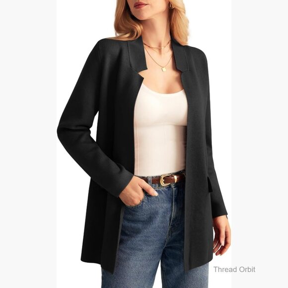 Long Sleeve Open Front Knit Cardigan Blazer Jacket Notch Collar
